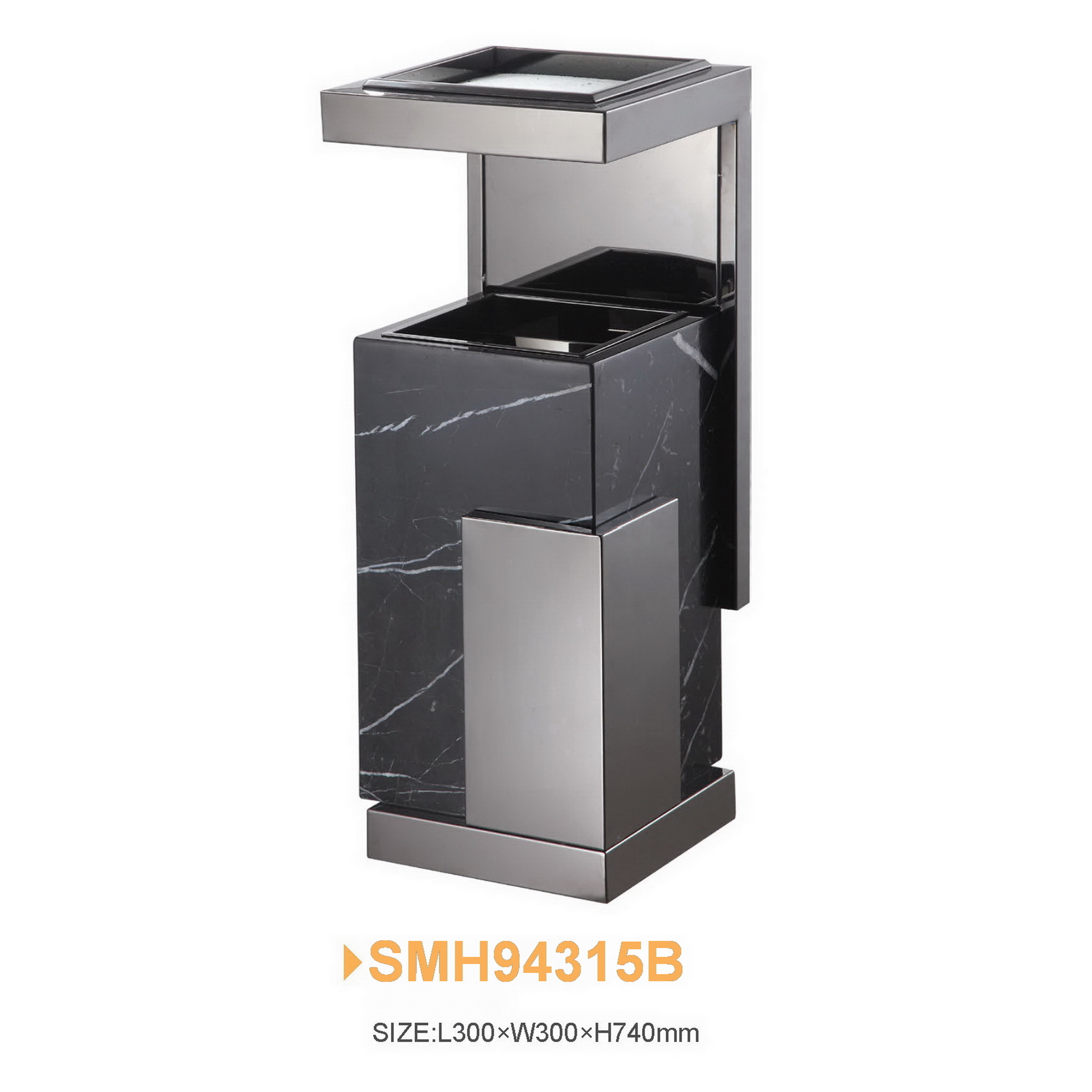 Coș de gunoi cu scrumieră SMH94315B, marmură neagră și inox fumuriu, 30L