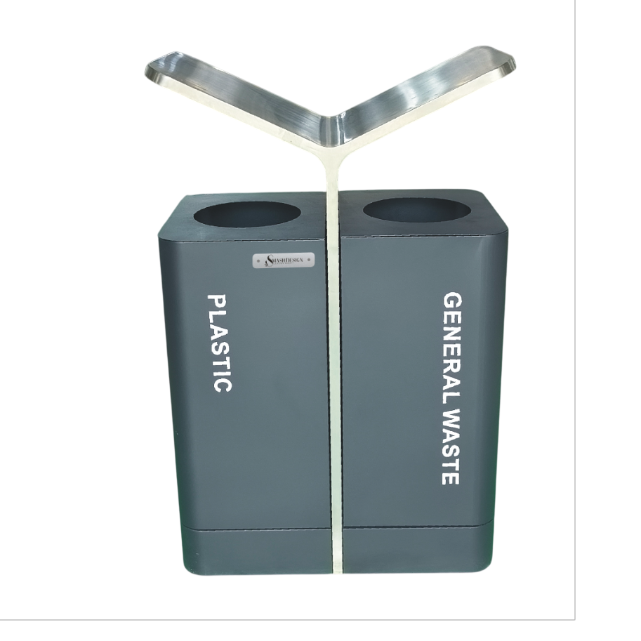 Coș stradal DUO 60 din inox 201 cu acoperire pulbere – design premium negru + inox natural, capacitate 2×30L